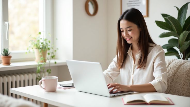 An elegantly arranged workspace featuring a minimalist laptop, a handcrafted ceramic mug, and a single, serene green plant, bathed in soft, natural light.